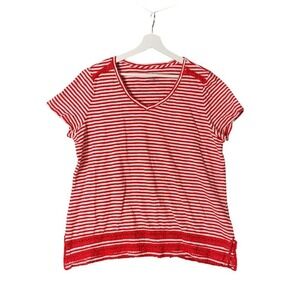 Talbots Women Nautical Preppy Crochet Trim V-Neck Striped T-Shirt 2Xp Red White